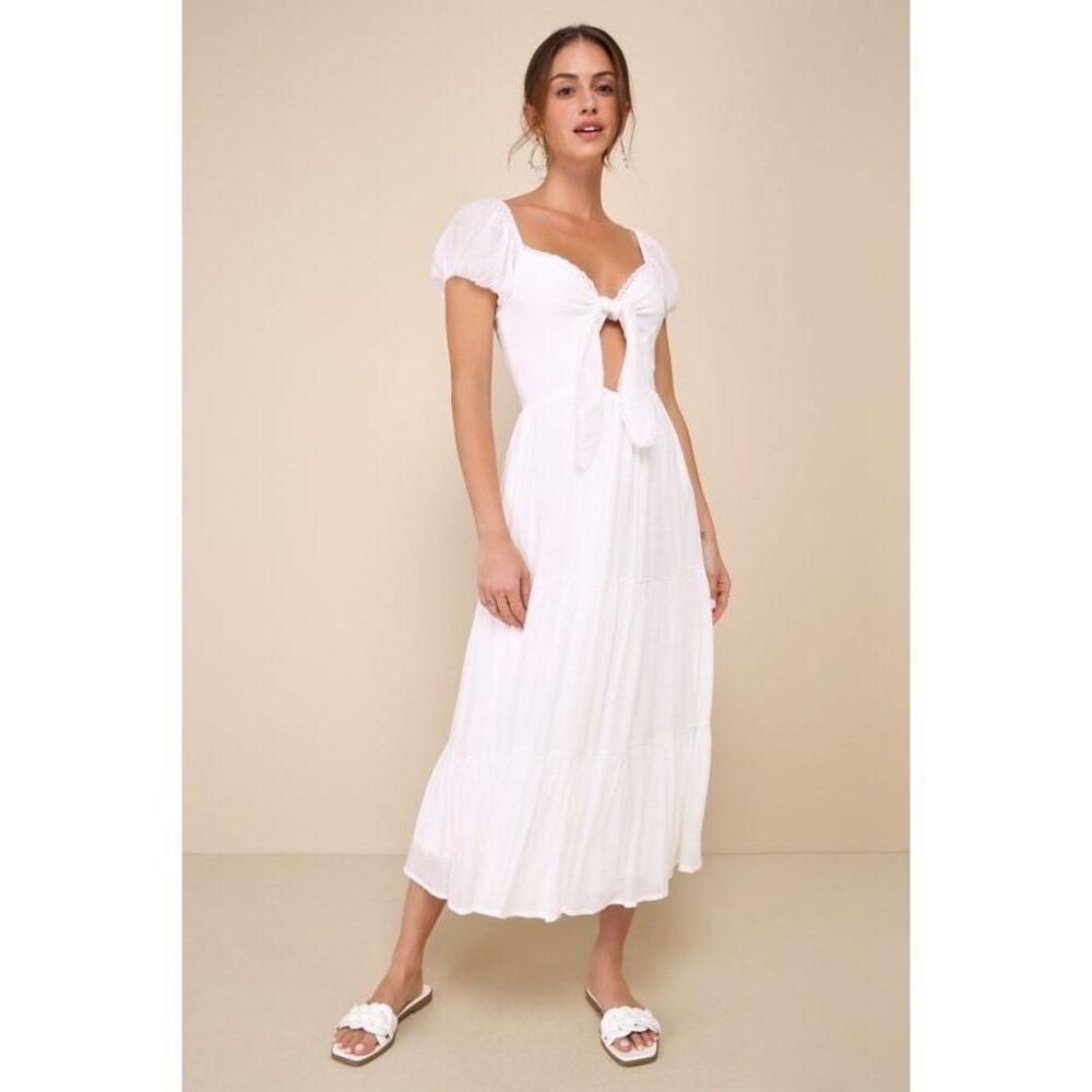 Lulus Darling Concept White Tiered Tie-front Puff Sleeve Midi Dress - Size S